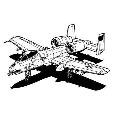 Dynamic black and white illustration of an A-10 Thunderbolt military attack jet, ideal for aviation and defense themed designs.