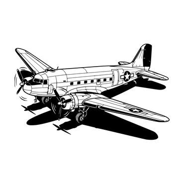 Intricate black and white illustration of a WWII C-47 transport aircraft, perfect for aviation history and military themed designs.