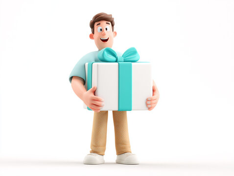 A friendly 3D cartoon man in a yellow sweater holding a white gift box with a gold ribbon, featuring soft lighting and a minimalist white background for a clean, professional look.