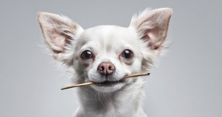 Obraz premium The Chihuahua Holding a Small Stick in Its Mouth on a Neutral Background