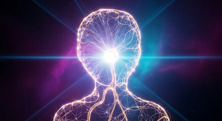 Fototapeta premium radiant human form composed of light and neural connections in a cosmic space symbolizing consciousness and ai.