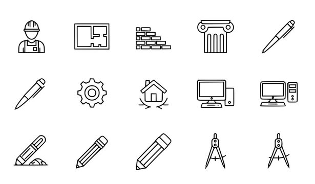 Flat minimal construction and design vector icons with editable strokes