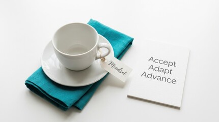 A clean, modern scene showcasing a coffee cup and saucer with a 'Mindset' tag, next to paper listing 'Accept', 'Adapt', 'Advance'