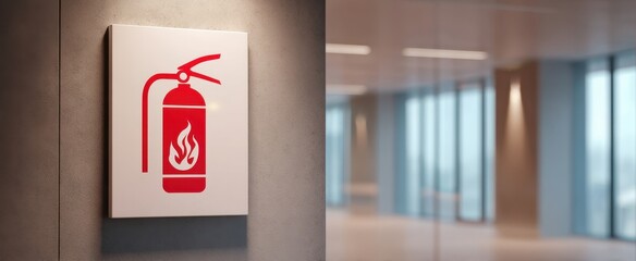 The Fire Extinguisher Sign Mounted in a Modern Office Corridor with Blurred Background