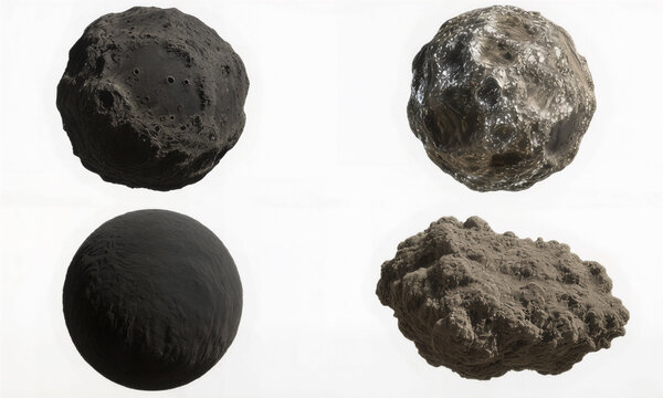 Collection of irregular asteroids and dark planetary rocks isolated on white background.
