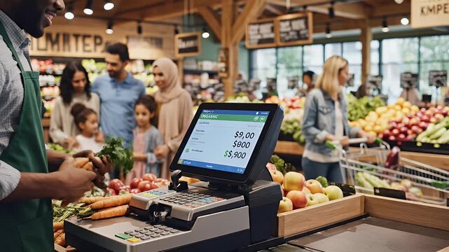 Cashier scanning organic produce as family waits at grocery checkout