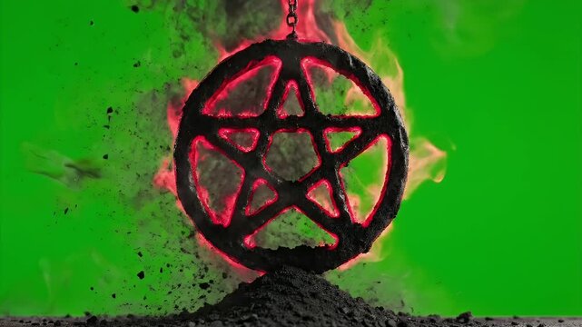 Mysterious Black Pentagram Symbol with Glowing Crimson Red Light Emitting Smoke and Ash Particles Against a Vibrant Green Screen Background
