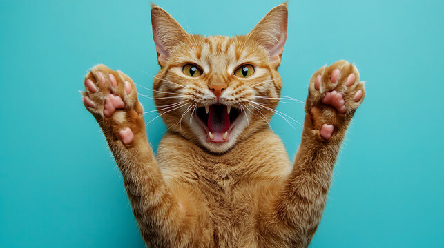 Furious orange tabby cat with raised paws and open mouth playful animal portrait.