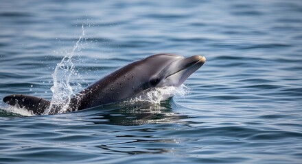 Fototapeta premium Energetic dolphin leaping partially above ocean water creating splashes during playful movement