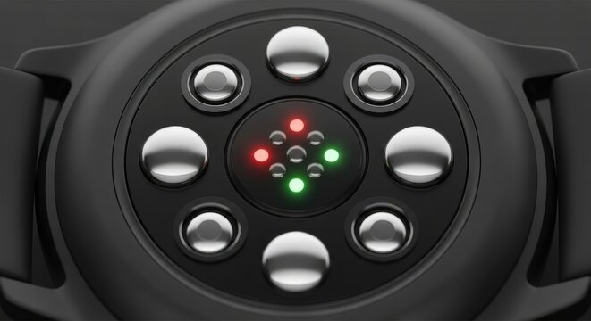 Close-up of a black smartwatch with heart rate sensor.