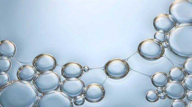 Abstract background of clear blue transparent liquid with interconnected golden bubbles and droplets