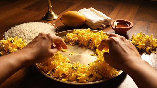 Indian hands carefully arranging marigold flowers on a traditional brass thali, preparing auspicious vishu festival offerings in india.