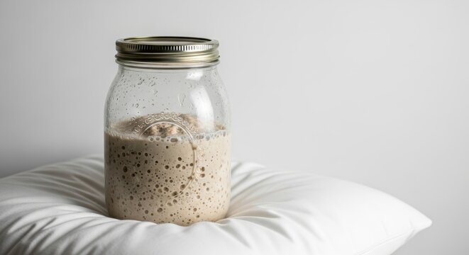 Active sourdough starter bubbling in a glass jar on a white cushion, ready for baking delicious homemade bread