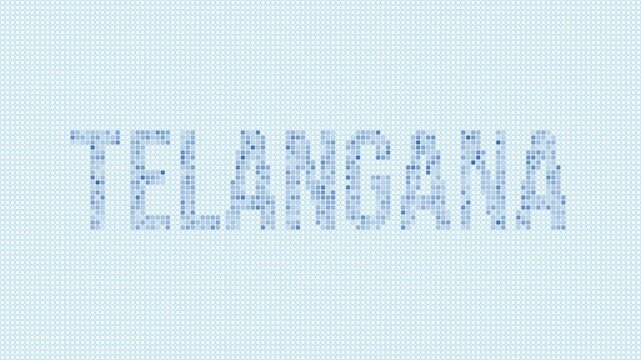 Telangana, India dotted map animation. Digital style shape of the state. Telangana, India shape and title dots appear with bulb flickering effect. Intro, outro, logo, title video.