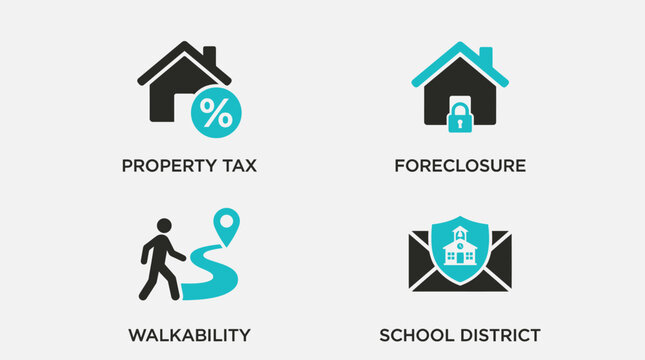 Vector graphic illustration of four key real estate factors including property tax, foreclosure, walkability, and school district, depicted through simple modern icons and text