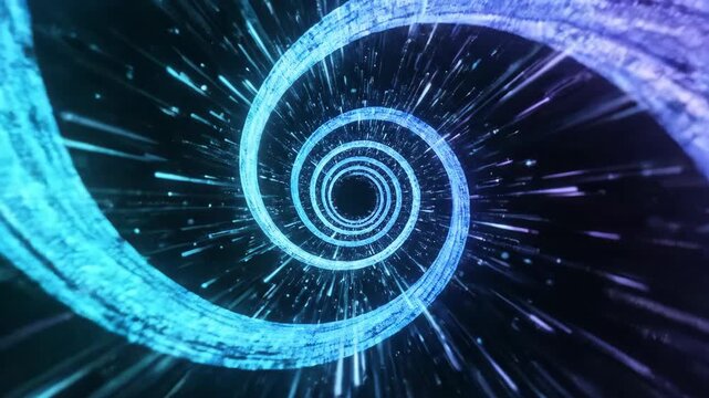 Abstract motion graphics video of a glowing blue and purple spiral tunnel with radiating light streaks.