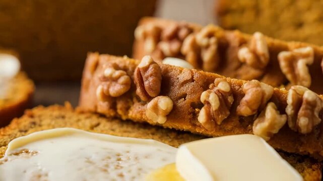 Sliced walnut pumpkin bread with melting butter on a rustic wooden table, close up of buttered loaf slices and scattered nuts for a cozy autumn breakfast and baking recipe