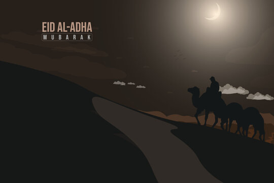 Islamic Festival Eid Al-Adha Banner with Moon and Desert Landscape Illustration.