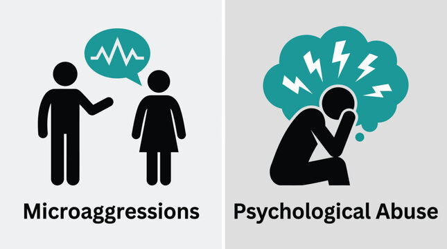 Vector graphic illustration depicting microaggressions and psychological abuse concepts through simple human icons and thought bubbles representing emotional impact.