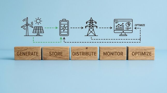 Sustainable energy flow: generate, store, distribute, monitor, and optimize power systems.