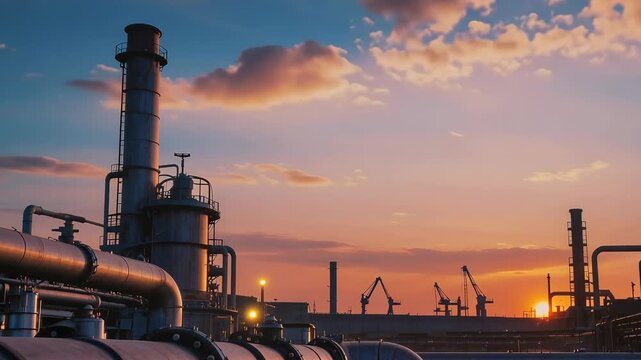 Industrial refinery complex with pipes and chimneys during a vibrant sunset sky