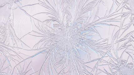 Intricate ice crystal snowflake pattern forming a starburst design on frosted glass with subtle pink and blue highlights
