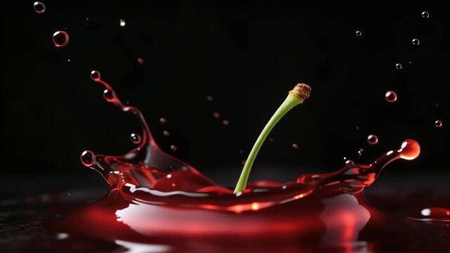 Fresh red cherry splashing into vibrant juice with dynamic droplets on black background