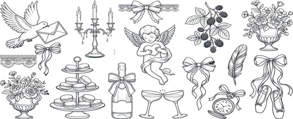 Naklejka premium Hand drawn wedding ceremony illustrations. Wedding icons in victorian, baroque or rococo style with whimsy elegant ornaments and lace decorations. Trendy romantic elements for invitations and menus.
