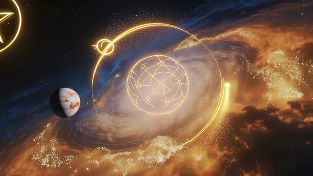 Mystical cosmic scene with glowing magical symbols and swirling galaxy in deep space