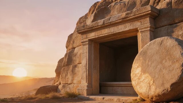Ancient rock tomb with stone rolling door at sunset in desert landscape historic burial site