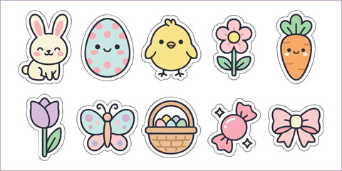 Cute kawaii Easter sticker patch vector set with bunny, chick, and pastel eggs.