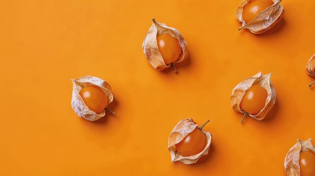 Fresh organic physalis fruits with husks on vibrant orange background healthy superfood snack