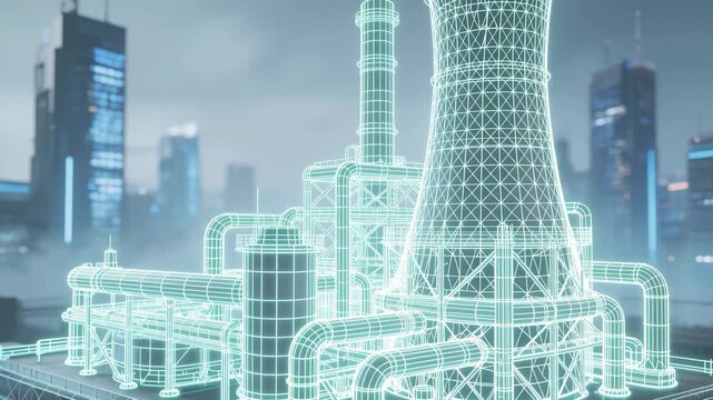 Futuristic industrial plant with digital wireframe technology and modern cityscape background
