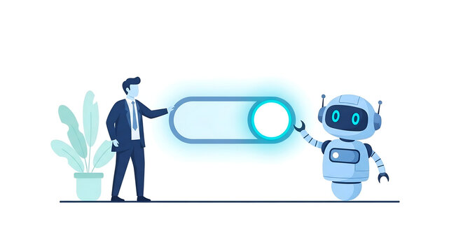 Artificial intelligence automation and human collaboration concept illustration with a toggle switch for future technology landing page header