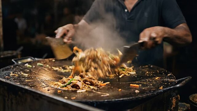 Kottu roti street food cooking at night traditional Sri Lankan street food preparation 