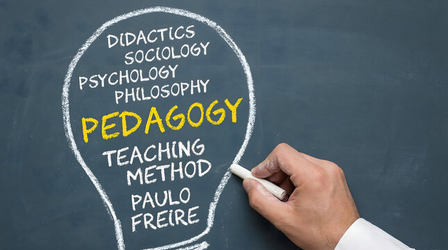 Person writing educational concepts on a dark chalkboard illustrating pedagogy teaching methods and related academic subjects