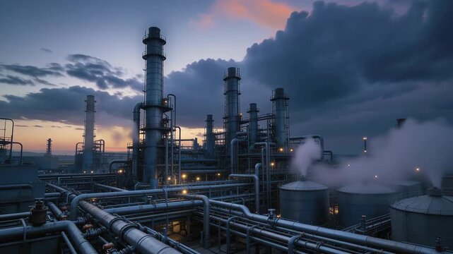 Industrial oil refinery plant with pipes and towers at dusk under dramatic cloudy sky