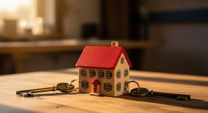 A Miniature Wooden House With Red Roof and Brass Keys, Symbolizing Property Ownership and New Beginnings
