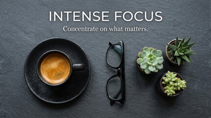 Intense focus captured with coffee, glasses, and a plant on a dark textured surface, inspiring concentration and productivity