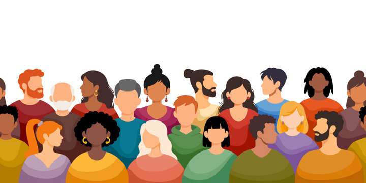 Crowd of different people. Seamless border, background. Diverse multicultural, multiracial group of people. Men, women, young, elderly, with various hairstyles, colourful clothes. Vector illustration