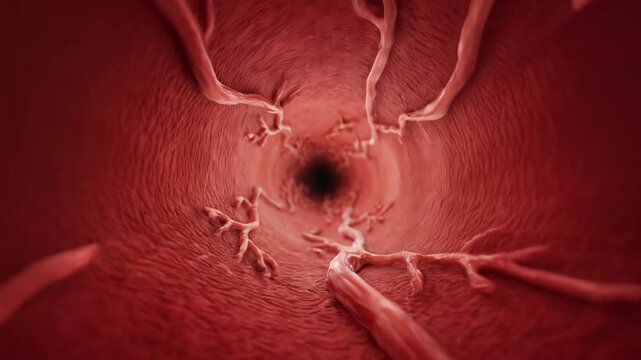 Blood vessel, detailed visual of inner artery with branching capillaries and textured surface, medical context, symbolizing circulatory system and cardiovascular health.