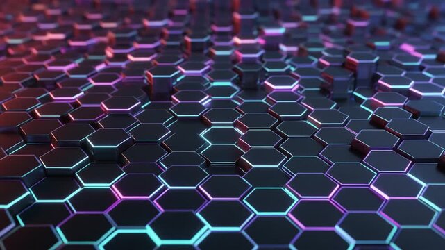 A futuristic glowing hexagonal pattern of colorful neon lights on a dark surface fills the background.
