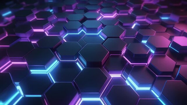 Neon lights illuminate a futuristic hexagonal pattern on a dark surface