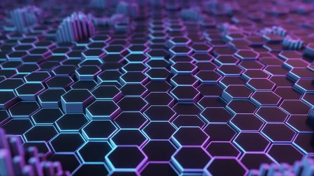Abstract background concept for data network and analysis. Grid of glowing bright point and geometric pattern moving on dark background. Technology data visualization transfer. Connection and network