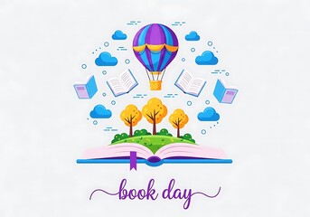 Naklejka premium A colorful illustration for book day with a hot air balloon and an open book