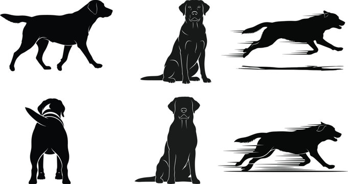 Collection of six black silhouettes of dogs in various poses and actions