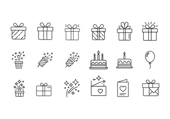 Obraz premium Gift Boxes and Celebration Elements Line Icon Set