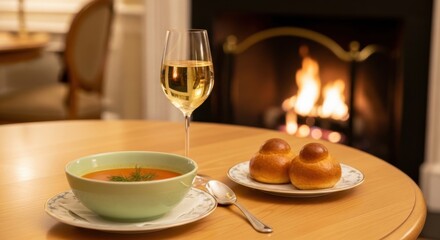 Fototapeta premium Warm Soup and Wine Beside a Roaring Fireplace with Freshly Baked Bread