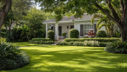 Lush green lawn surrounds a charming home with mature trees and manicured bushes