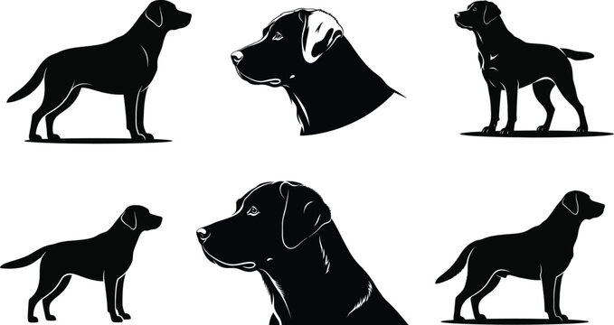 Black silhouettes of dogs in various poses and views